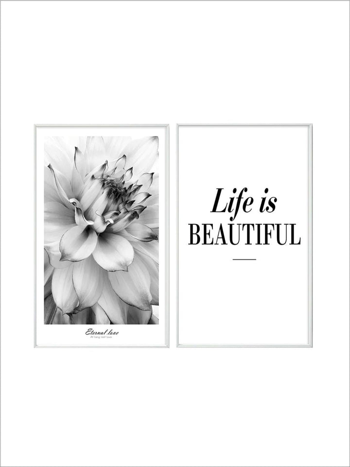 Life Is Beautiful Modern Black & White Floral Wall Art Fine Art Canvas Prints Minimalist Quotation Nordic Style Pictures For Modern Home Decor