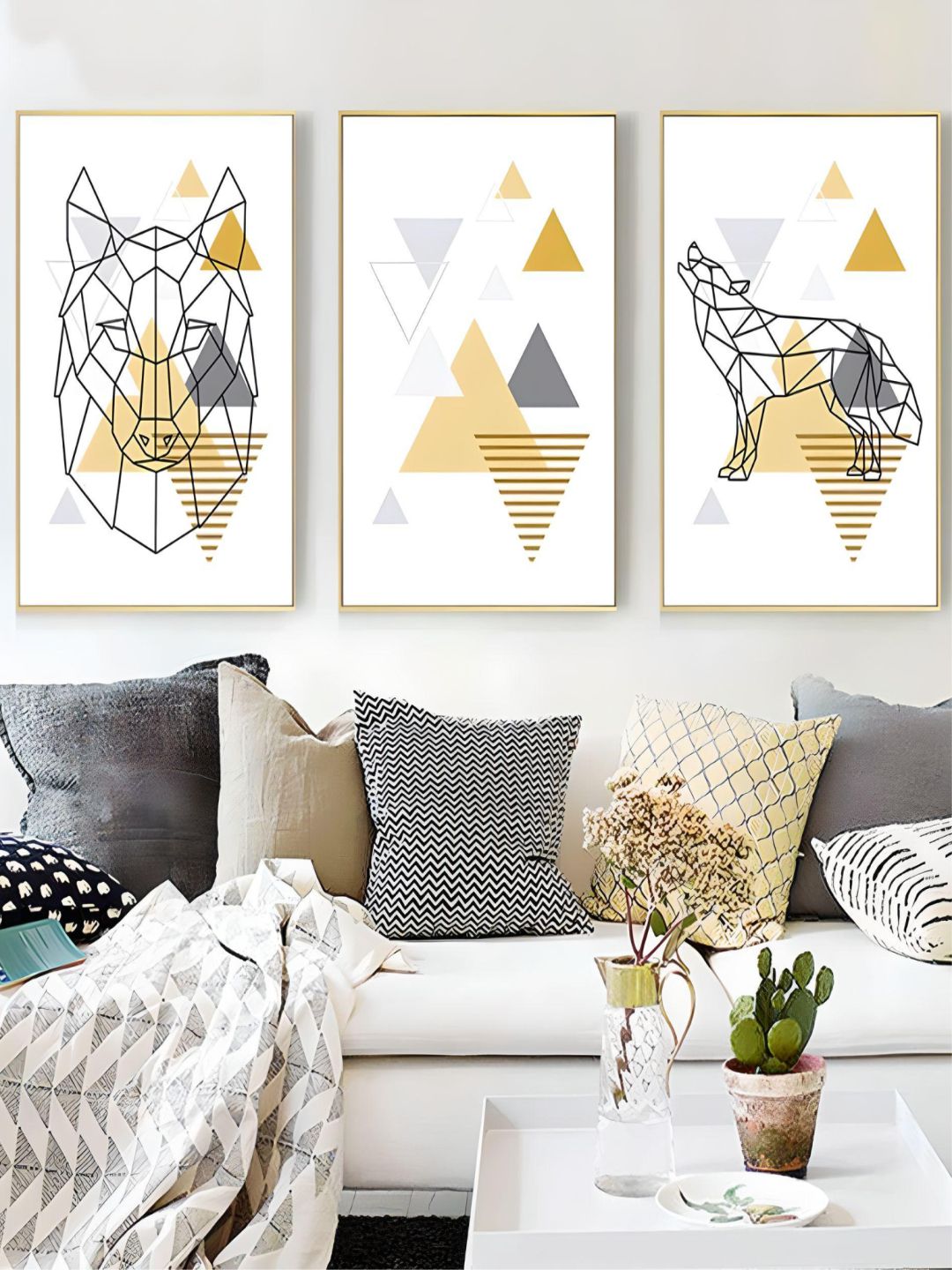 Abstract Geometric Nordic Wall Art Wild Forest Animals Fine Art Canvas Prints Golden Yellow Summer Tones Modern Minimalist Apartment Wall Art Decor