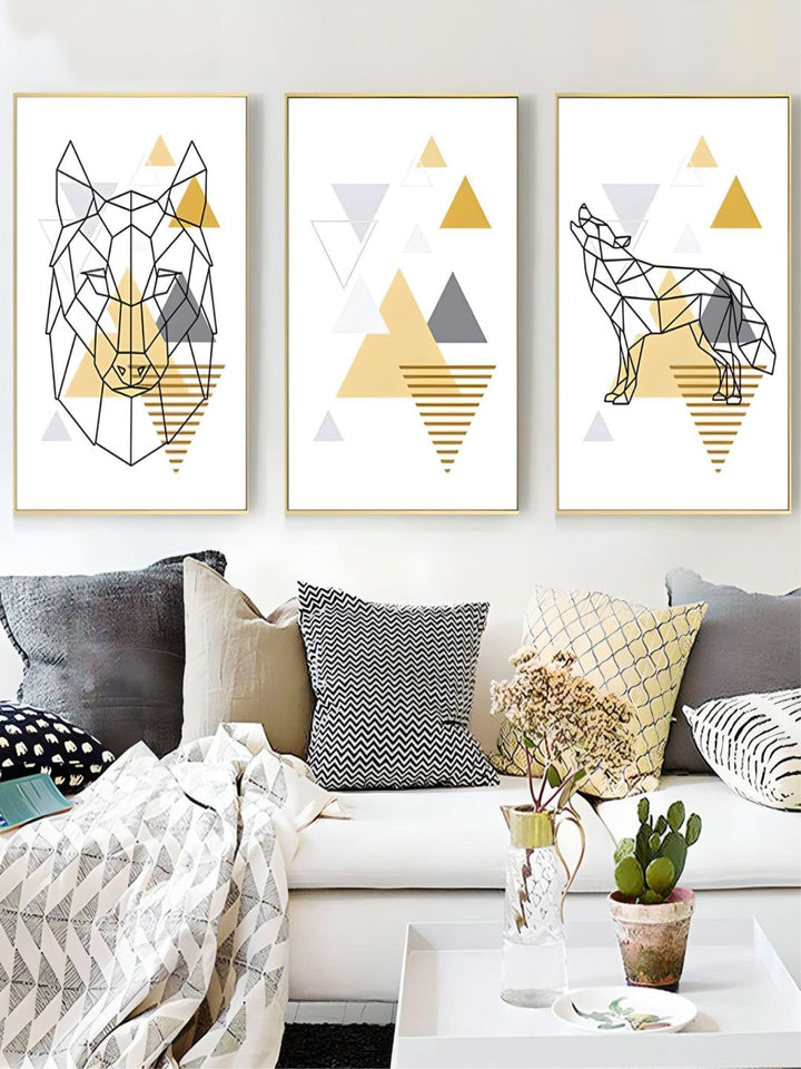 Abstract Geometric Nordic Wall Art Wild Forest Animals Fine Art Canvas Prints Golden Yellow Summer Tones Modern Minimalist Apartment Wall Art Decor