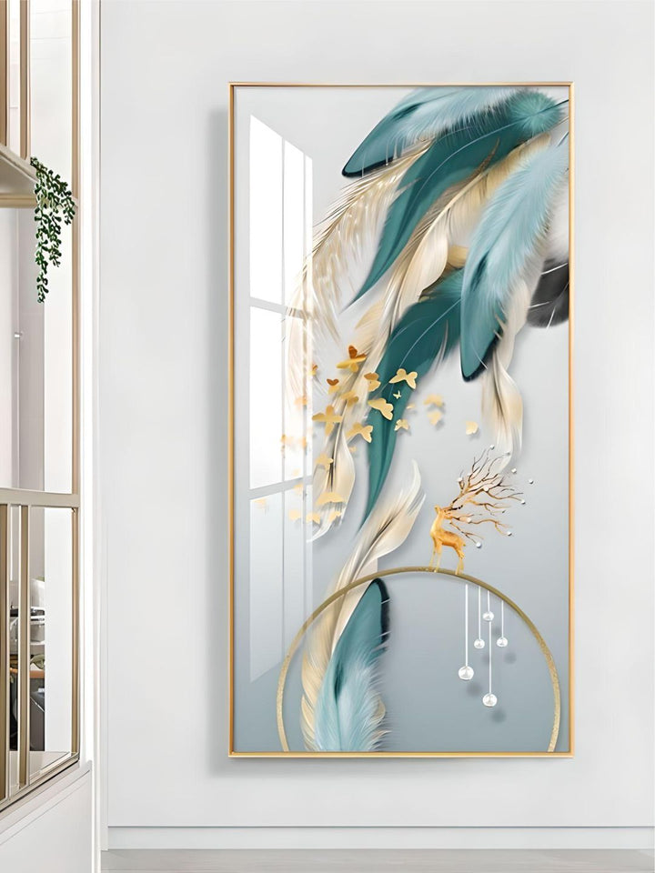 Modern Abstract Auspicious Mystical Deer Landscape Wall Art Fine Art Canvas Prints Golden Ring Feather Pictures For Luxury Living Room Wall Decor