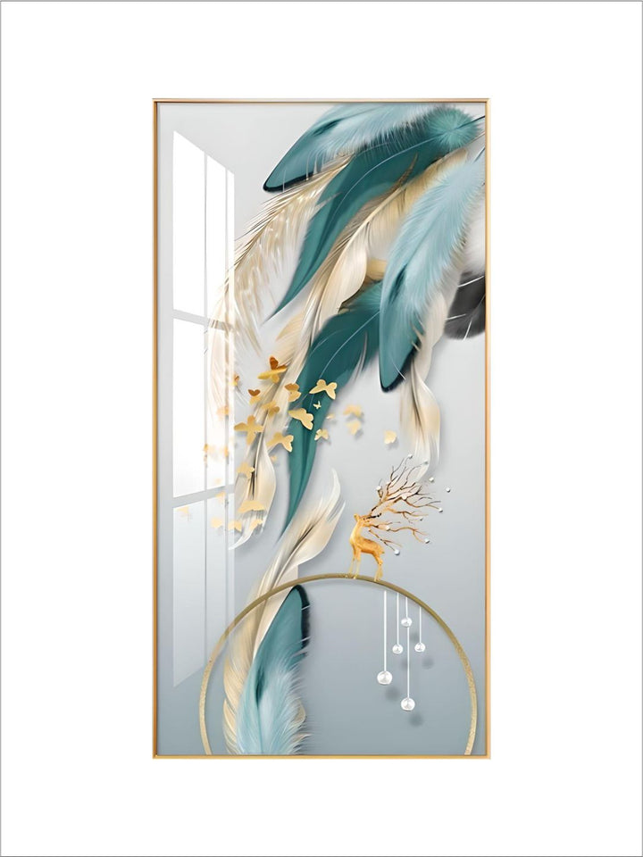 Modern Abstract Auspicious Mystical Deer Landscape Wall Art Fine Art Canvas Prints Golden Ring Feather Pictures For Luxury Living Room Wall Decor