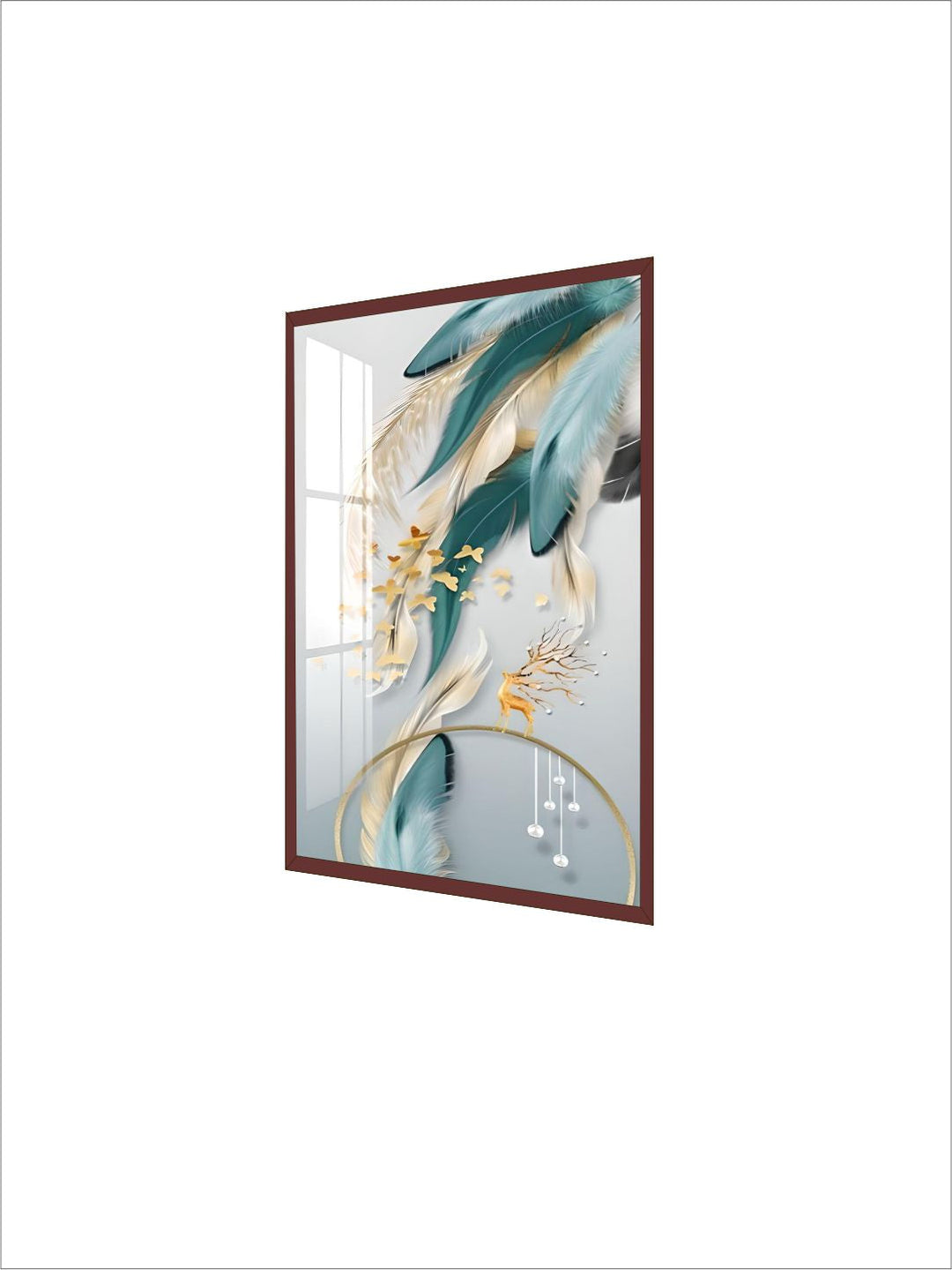 Modern Abstract Auspicious Mystical Deer Landscape Wall Art Fine Art Canvas Prints Golden Ring Feather Pictures For Luxury Living Room Wall Decor