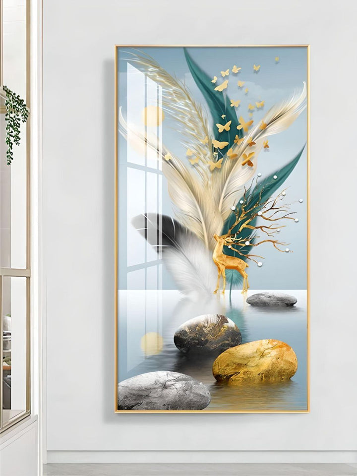 Modern Abstract Auspicious Mystical Deer Landscape Wall Art Fine Art Canvas Prints Golden Ring Feather Pictures For Luxury Living Room Wall Decor
