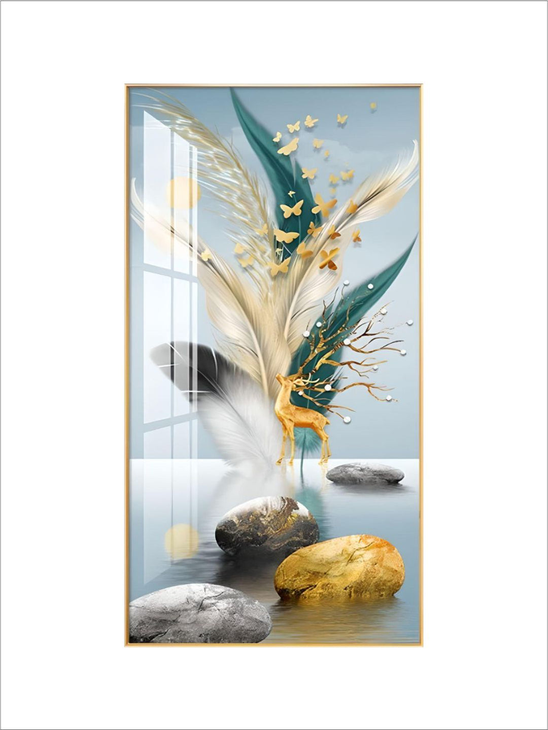 Modern Abstract Auspicious Mystical Deer Landscape Wall Art Fine Art Canvas Prints Golden Ring Feather Pictures For Luxury Living Room Wall Decor