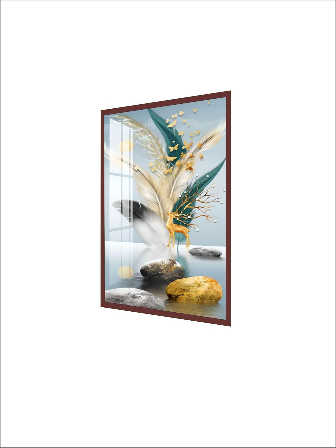 Modern Abstract Auspicious Mystical Deer Landscape Wall Art Fine Art Canvas Prints Golden Ring Feather Pictures For Luxury Living Room Wall Decor