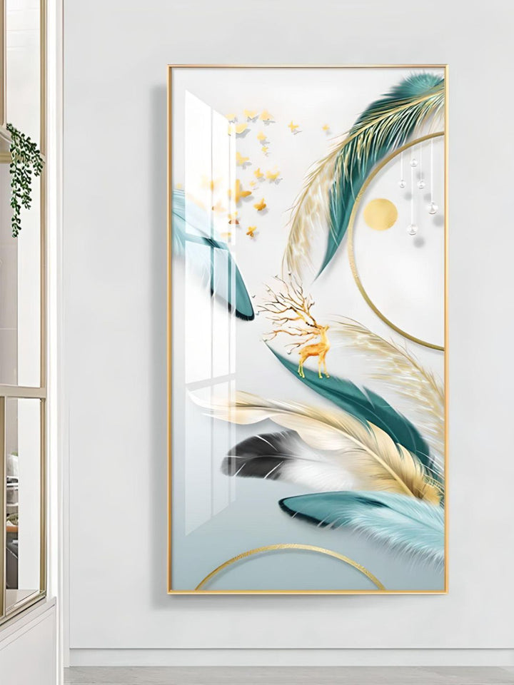 Modern Abstract Auspicious Mystical Deer Landscape Wall Art Fine Art Canvas Prints Golden Ring Feather Pictures For Luxury Living Room Wall Decor