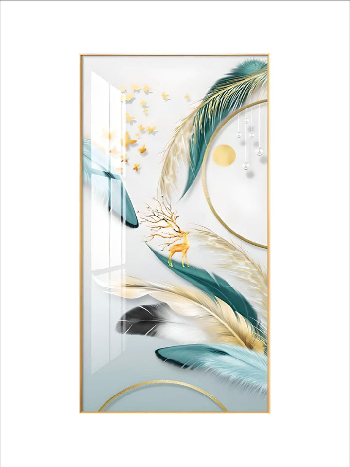 Modern Abstract Auspicious Mystical Deer Landscape Wall Art Fine Art Canvas Prints Golden Ring Feather Pictures For Luxury Living Room Wall Decor