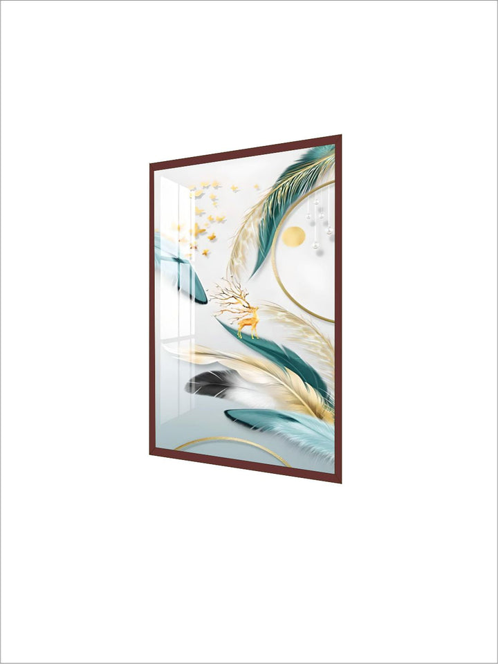 Modern Abstract Auspicious Mystical Deer Landscape Wall Art Fine Art Canvas Prints Golden Ring Feather Pictures For Luxury Living Room Wall Decor