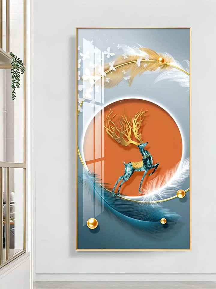 Modern Abstract Auspicious Mystical Deer Landscape Wall Art Fine Art Canvas Prints Golden Ring Feather Pictures For Luxury Living Room Wall Decor
