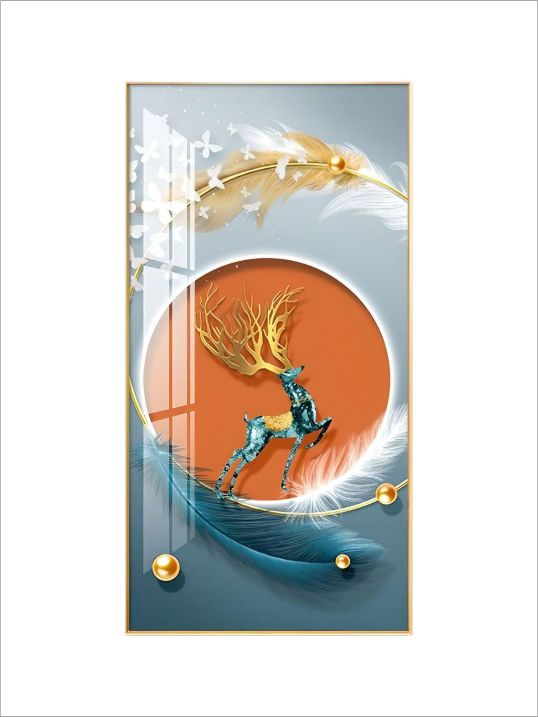 Modern Abstract Auspicious Mystical Deer Landscape Wall Art Fine Art Canvas Prints Golden Ring Feather Pictures For Luxury Living Room Wall Decor