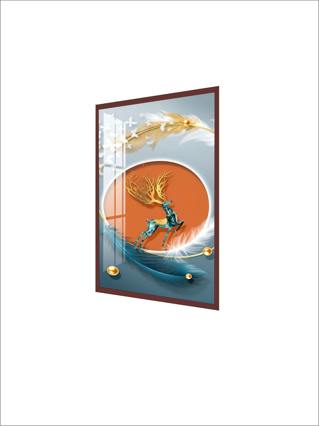 Modern Abstract Auspicious Mystical Deer Landscape Wall Art Fine Art Canvas Prints Golden Ring Feather Pictures For Luxury Living Room Wall Decor
