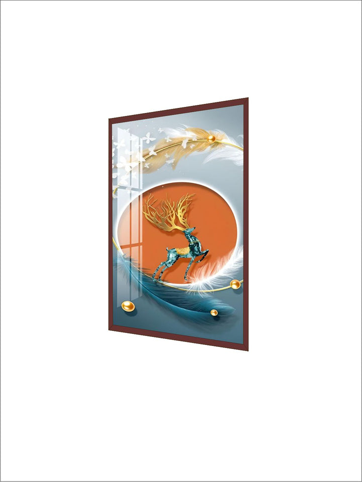 Modern Abstract Auspicious Mystical Deer Landscape Wall Art Fine Art Canvas Prints Golden Ring Feather Pictures For Luxury Living Room Wall Decor