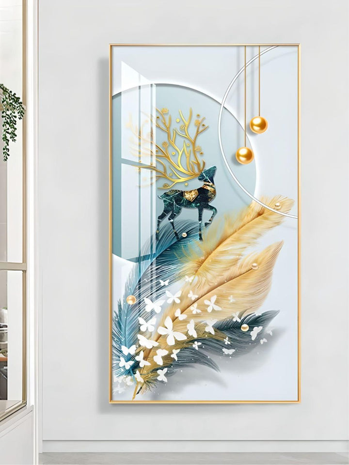 Modern Abstract Auspicious Mystical Deer Landscape Wall Art Fine Art Canvas Prints Golden Ring Feather Pictures For Luxury Living Room Wall Decor