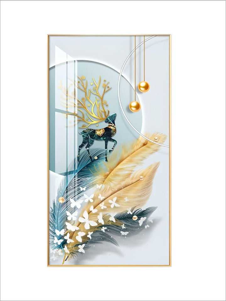 Modern Abstract Auspicious Mystical Deer Landscape Wall Art Fine Art Canvas Prints Golden Ring Feather Pictures For Luxury Living Room Wall Decor