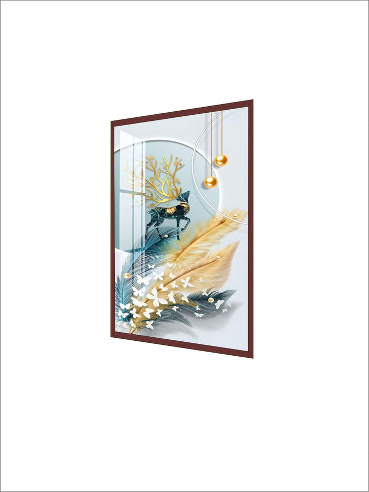 Modern Abstract Auspicious Mystical Deer Landscape Wall Art Fine Art Canvas Prints Golden Ring Feather Pictures For Luxury Living Room Wall Decor