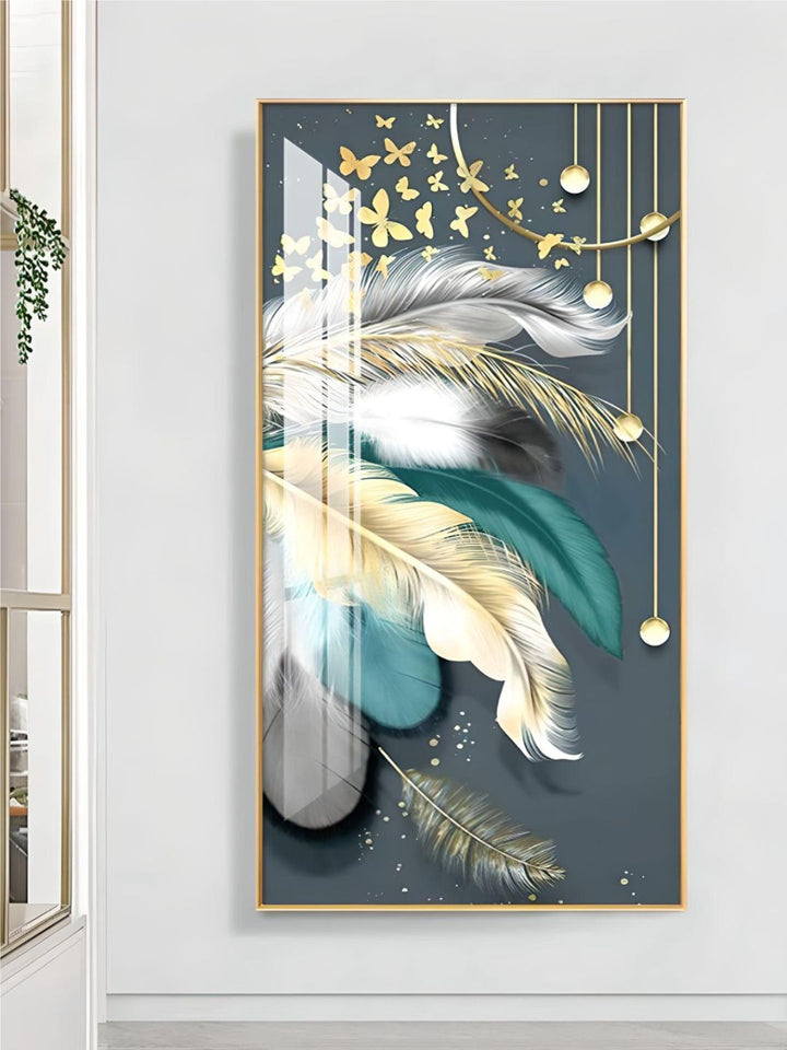 Modern Abstract Auspicious Mystical Deer Landscape Wall Art Fine Art Canvas Prints Golden Ring Feather Pictures For Luxury Living Room Wall Decor