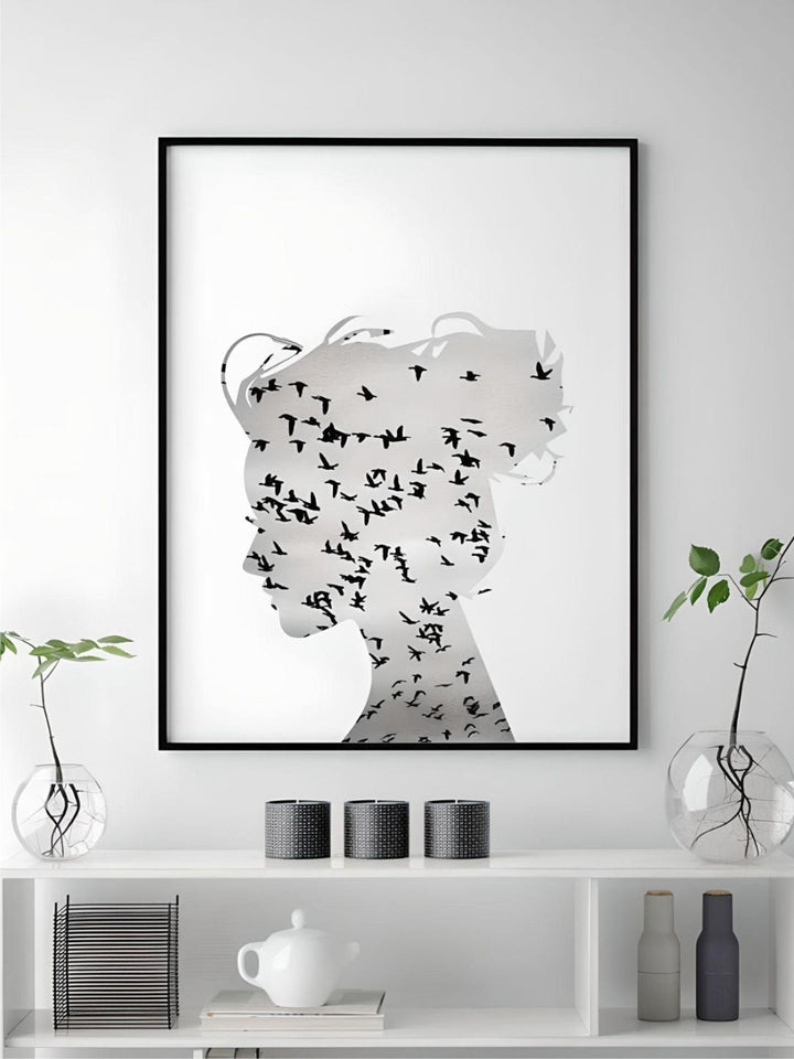 Black And White Birds Flying Silhouette Of Girl Poster Fine Art Canvas Print Nordic Minimalist Wall Art For Living Room Bedroom Scandinavian Home Decor