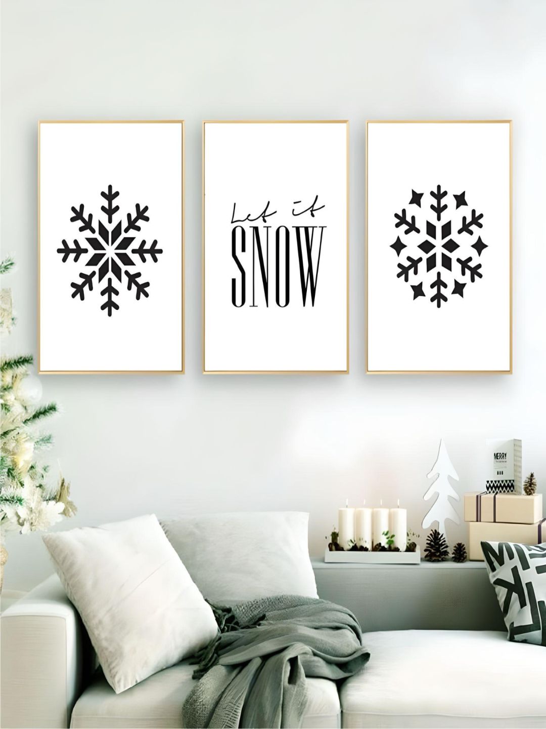 Snowflake Minimalist Wall Art Black White Fine Art Canvas Prints Let It Snow Quote Nordic Posters For Living Room Dining Room Scandinavian Home Decor