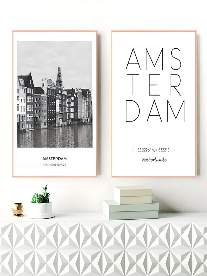 Amsterdam City Landscape Wall Art Black & White Minimalist Dutch Travel Posters Fine Art Canvas Prints Nordic Style Art For Modern Home Decor
