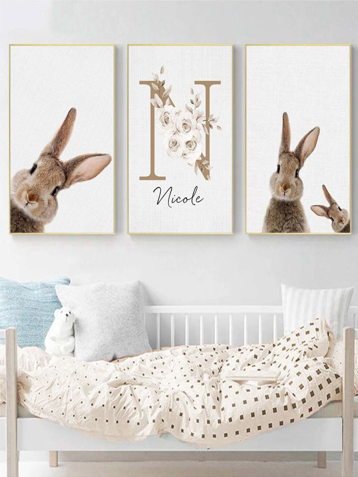 Personalized Baby's Name Cute Bunny Poster Wall Art Fine Art Canvas Prints Rabbit Pictures For Kid's Room Nordic Style Nursery Wall Decor