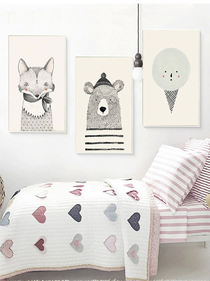 Woodland Animals Nursery Wall Art Fox Bear And Ice Cream Cute Characters Fine Art Canvas Prints Nordic Pictures For Children's Bedroom Decor