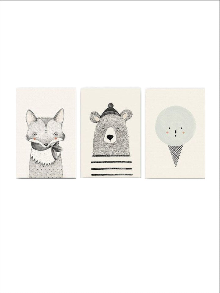 Woodland Animals Nursery Wall Art Fox Bear And Ice Cream Cute Characters Fine Art Canvas Prints Nordic Pictures For Children's Bedroom Decor