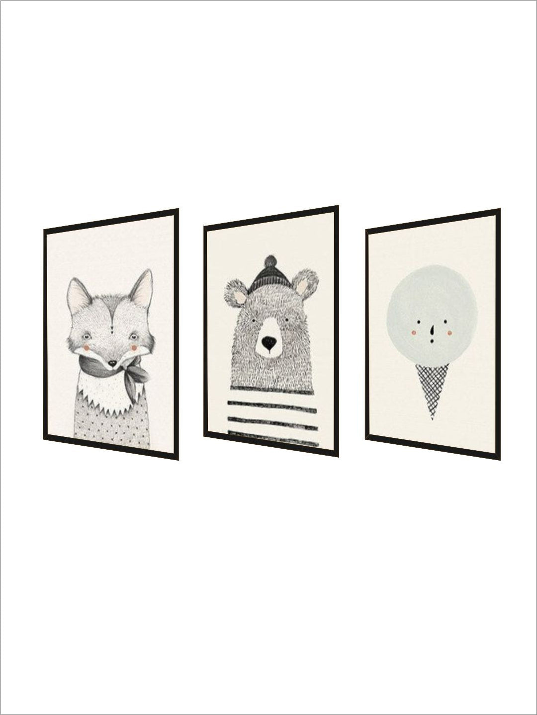 Woodland Animals Nursery Wall Art Fox Bear And Ice Cream Cute Characters Fine Art Canvas Prints Nordic Pictures For Children's Bedroom Decor