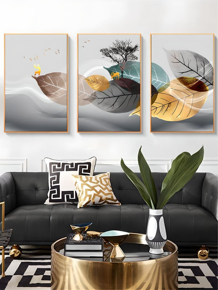 Golden Deer In Autumn Wilderness Nordic Abstract Wall Art 