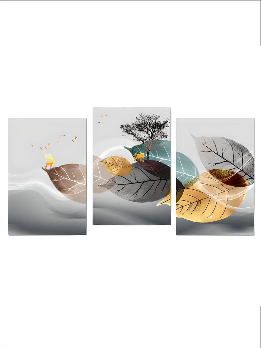Golden Deer In Autumn Wilderness Nordic Abstract Wall Art 