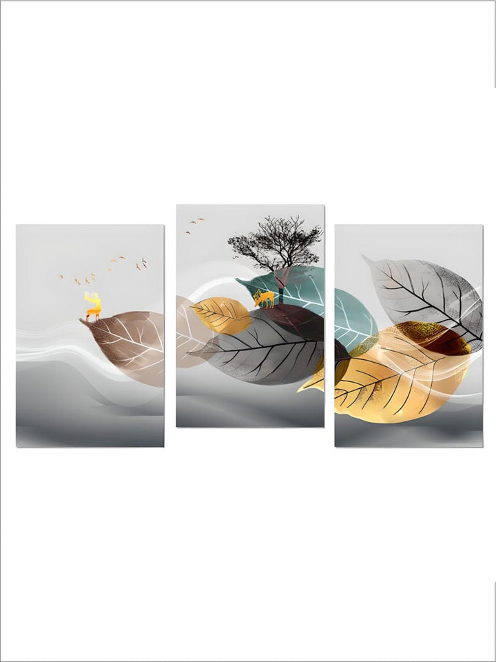 Golden Deer In Autumn Wilderness Nordic Abstract Wall Art 