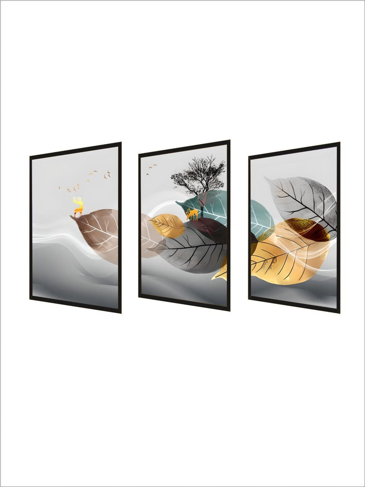 Golden Deer In Autumn Wilderness Nordic Abstract Wall Art 