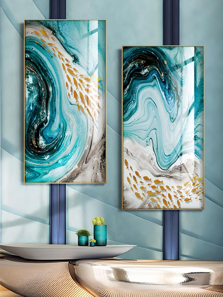 Golden Fishes In Blue Sea Swirls Abstract Wall Art Fine Art