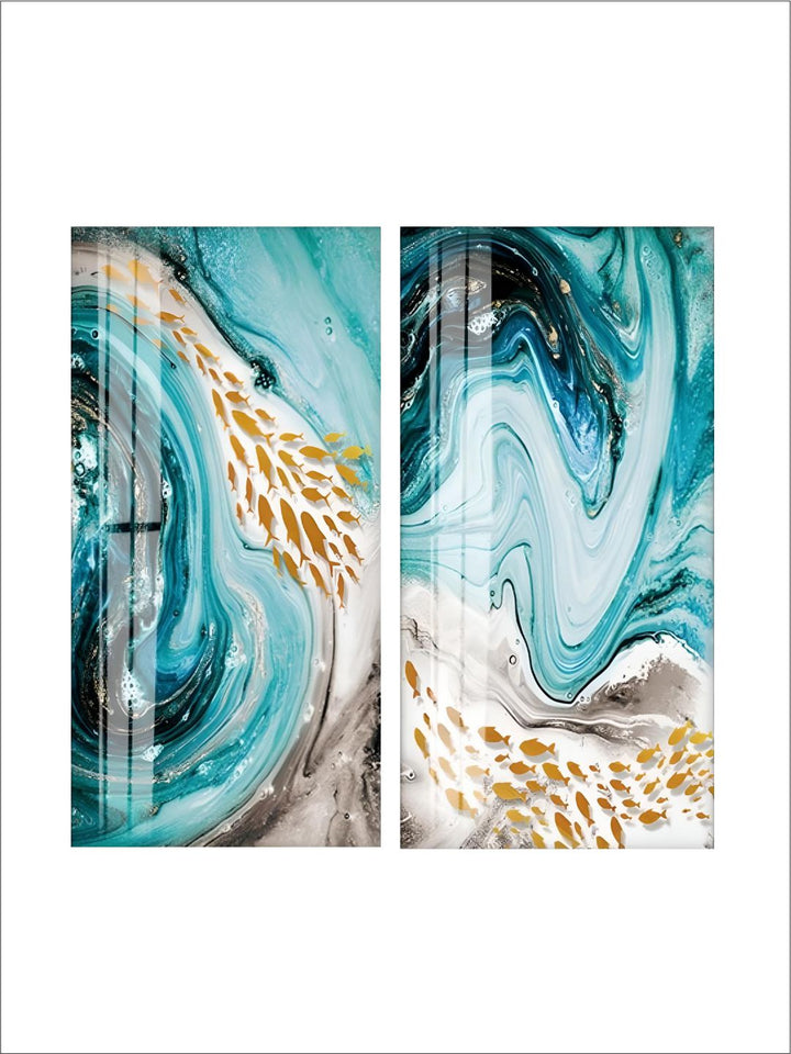 Golden Fishes In Blue Sea Swirls Abstract Wall Art Fine Art