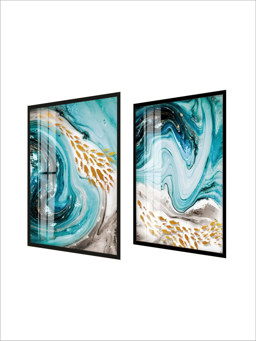 Golden Fishes In Blue Sea Swirls Abstract Wall Art Fine Art