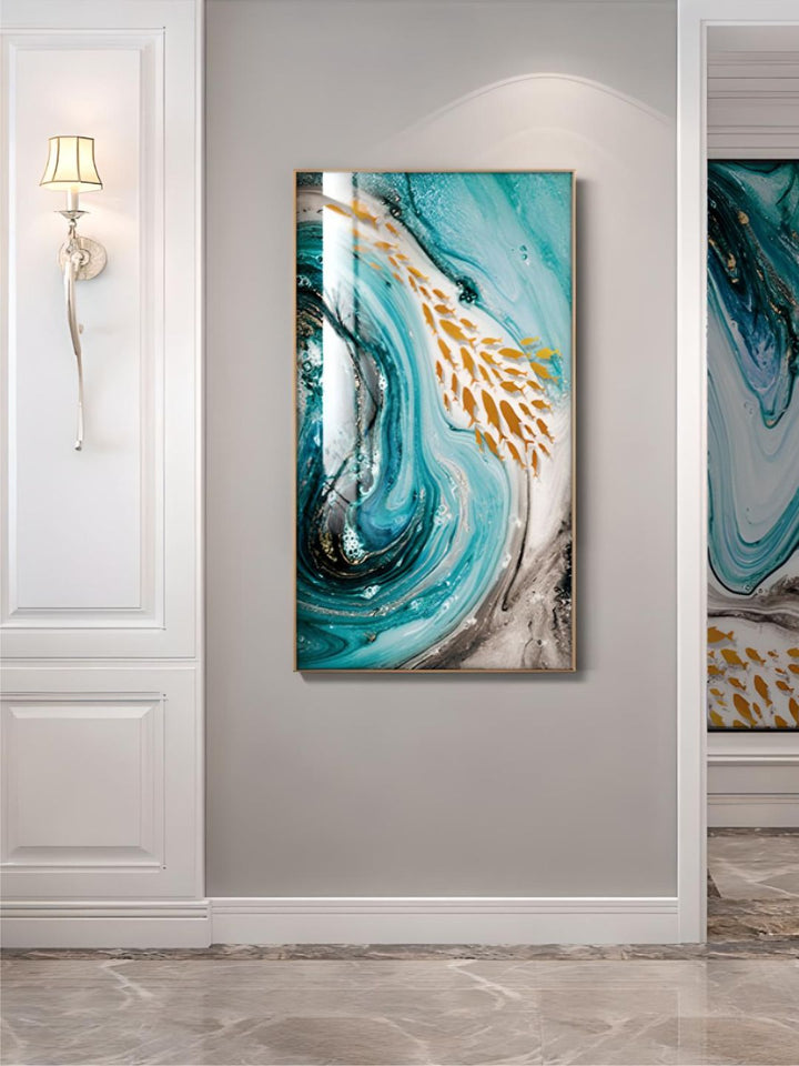 Golden Fishes In Blue Sea Swirls Abstract Wall Art Fine Art