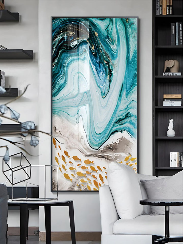Golden Fishes In Blue Sea Swirls Abstract Wall Art Fine Art
