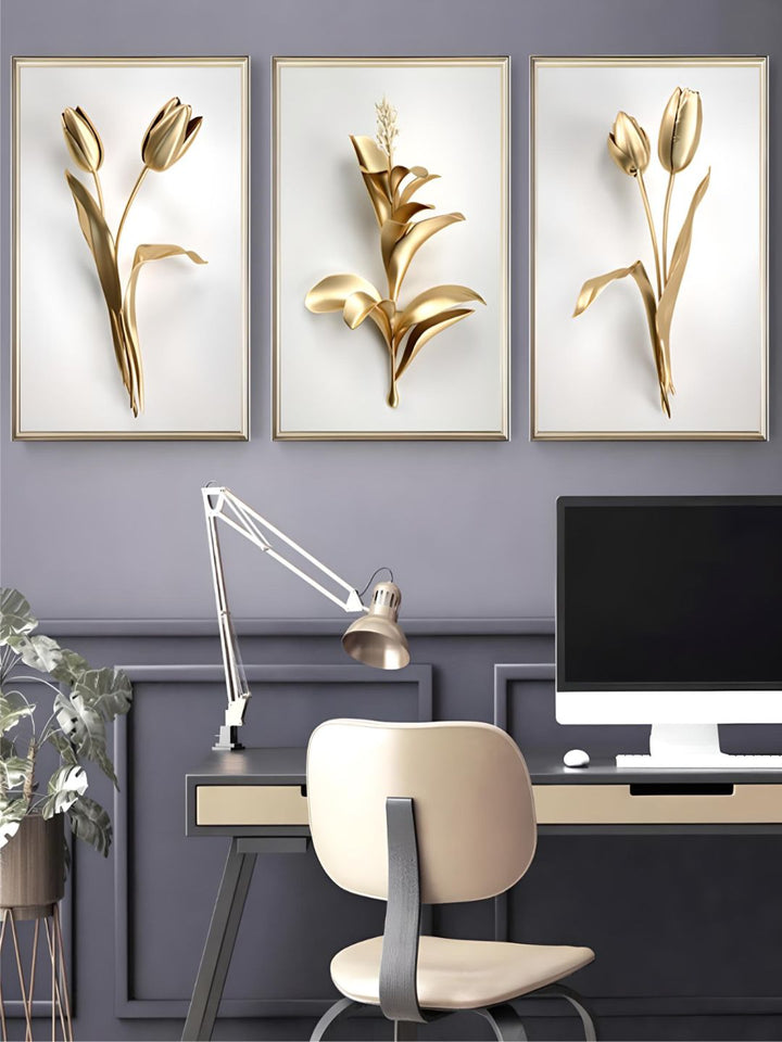 Golden Leaf White Flowers Minimalist Abstract Botanical Wall Art