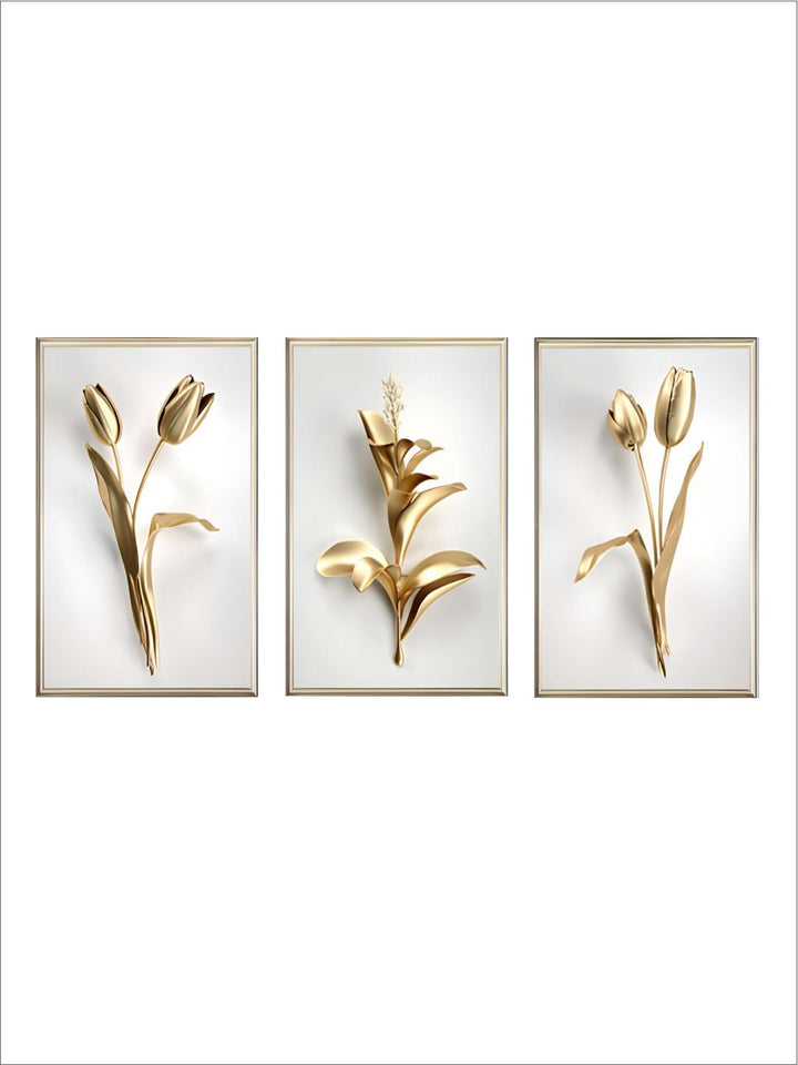 Golden Leaf White Flowers Minimalist Abstract Botanical Wall Art