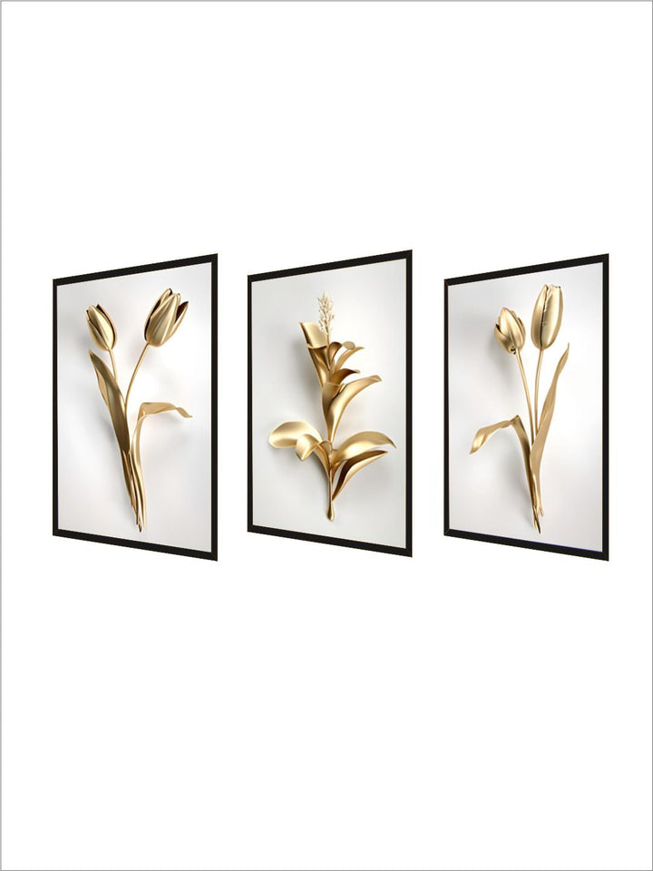 Golden Leaf White Flowers Minimalist Abstract Botanical Wall Art