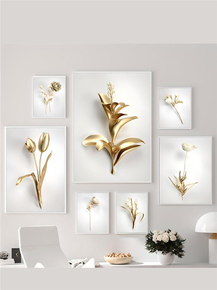 Golden Leaf White Flowers Minimalist Abstract Botanical Wall Art