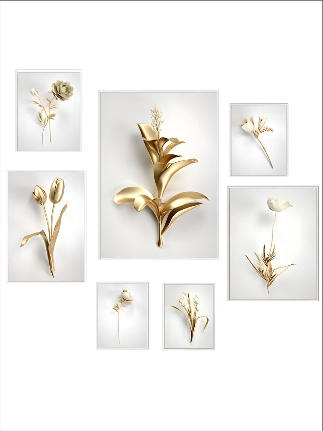 Golden Leaf White Flowers Minimalist Abstract Botanical Wall Art