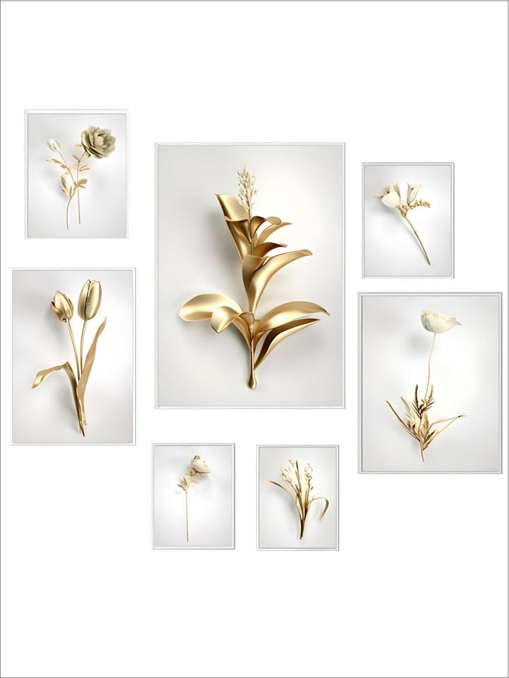 Golden Leaf White Flowers Minimalist Abstract Botanical Wall Art