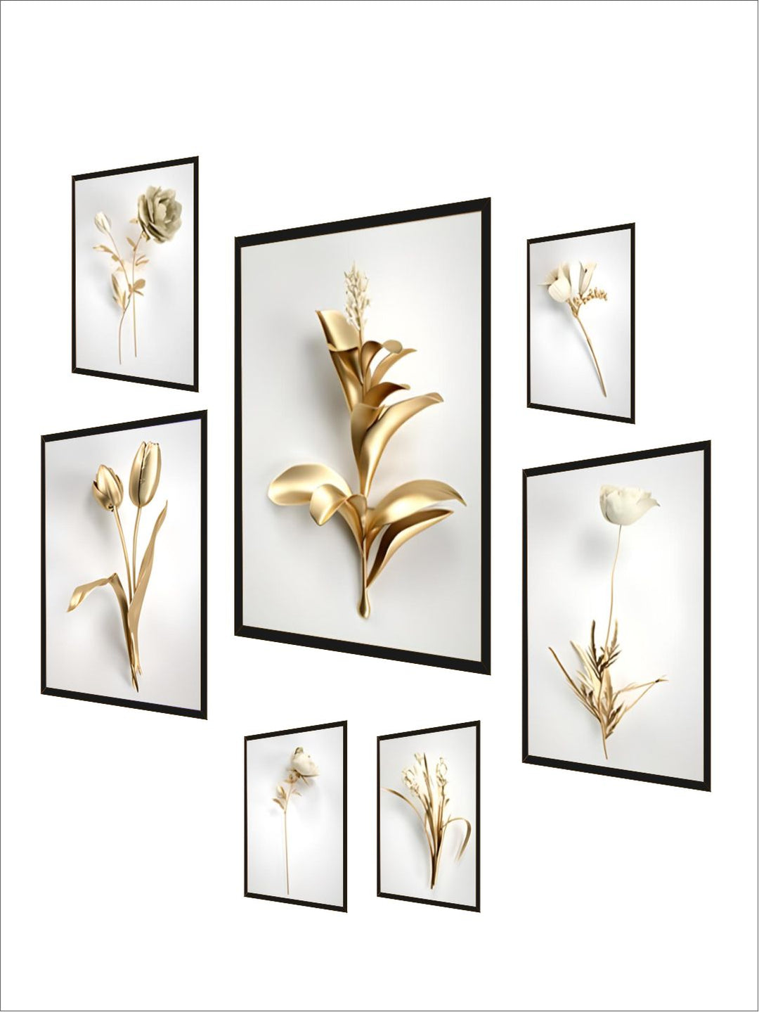 Golden Leaf White Flowers Minimalist Abstract Botanical Wall Art