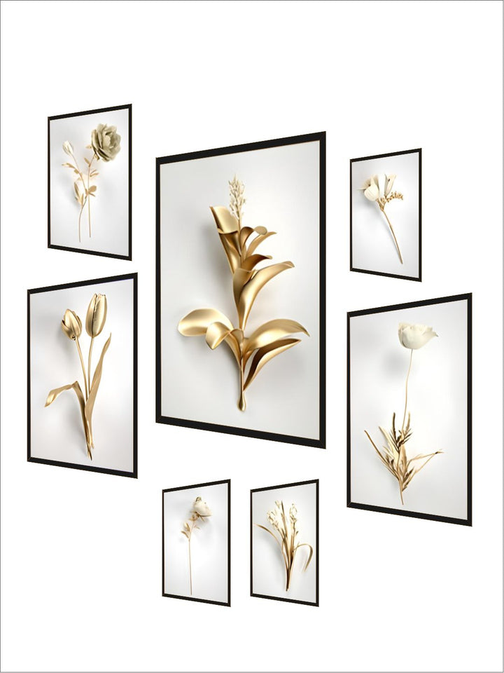 Golden Leaf White Flowers Minimalist Abstract Botanical Wall Art