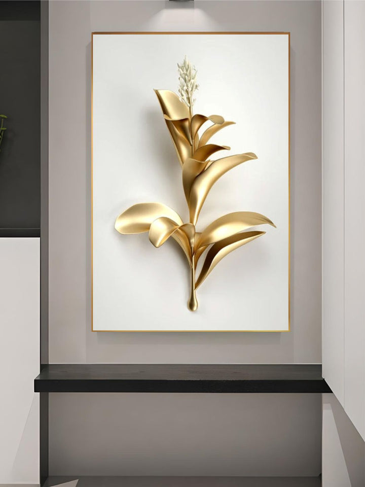 Golden Leaf White Flowers Minimalist Abstract Botanical Wall Art