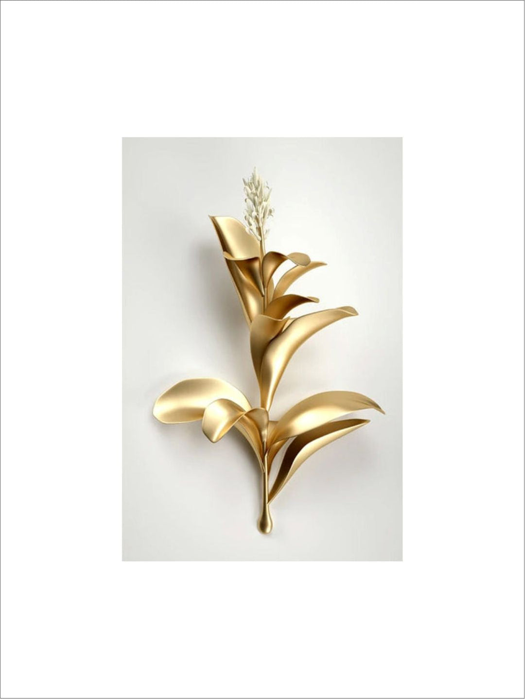 Golden Leaf White Flowers Minimalist Abstract Botanical Wall Art