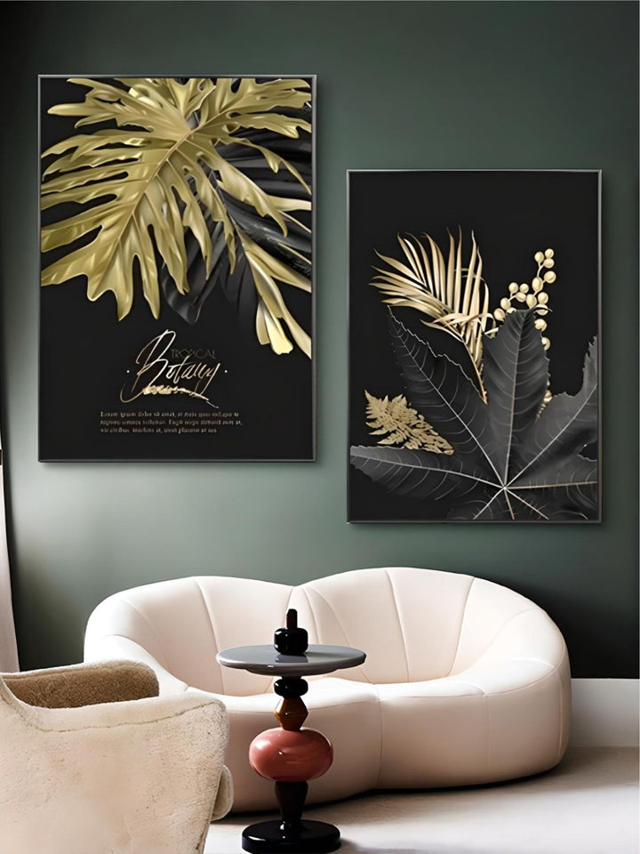 Golden Tropical Botany Luxury Nordic Wall Art Black Gold Leaves Fine Art