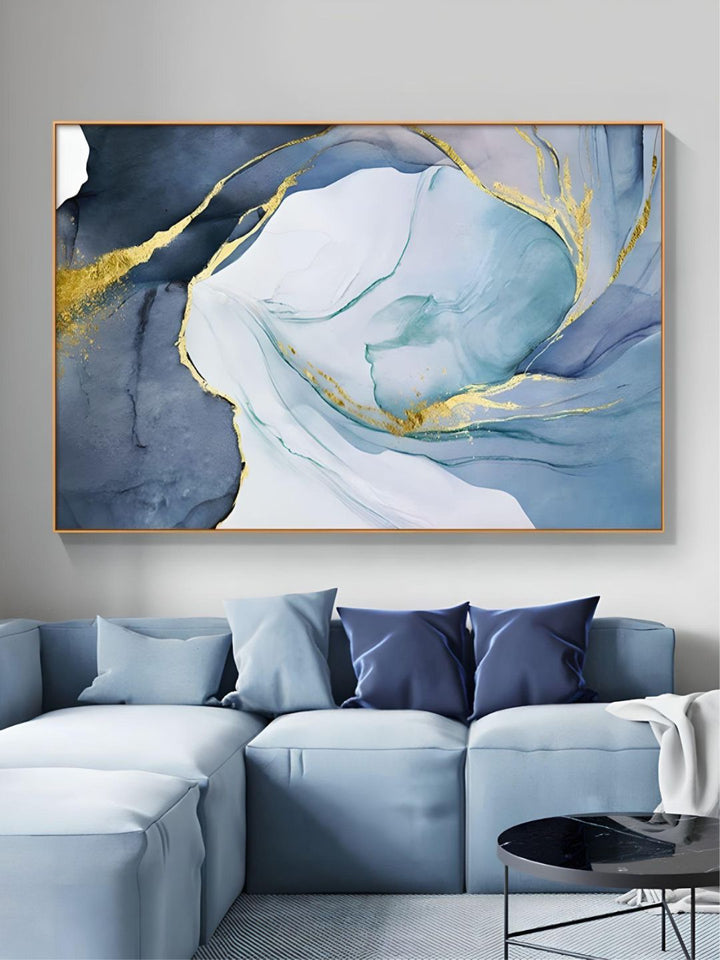 Abstract Marble Swirls Wall Art Golden Veins Blue Gray Marble Fine Art Canvas Prints Modern Stylish Pictures For Contemporary Living Luxury Home Decor