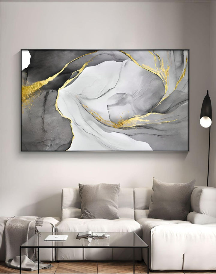 Abstract Marble Swirls Wall Art Golden Veins Blue Gray Marble Fine Art Canvas Prints Modern Stylish Pictures For Contemporary Living Luxury Home Decor