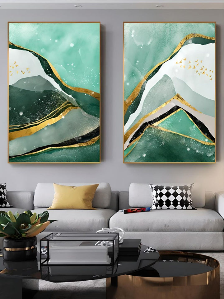 Modern Abstract Golden Green Marble Wall Art 